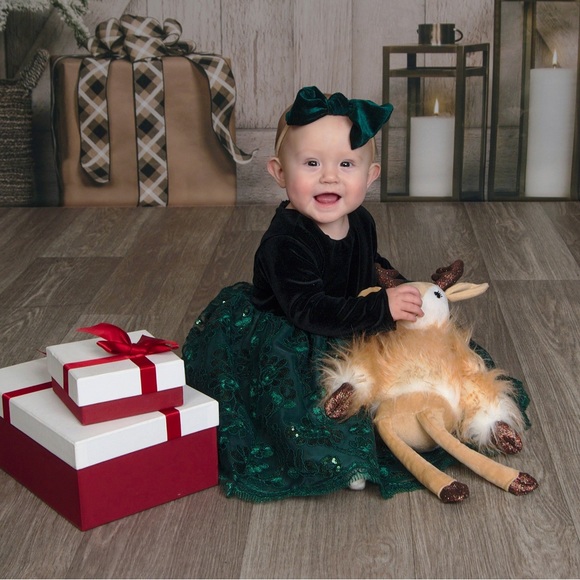 Baby Girl Formal Black Velvet & Emerald Dress with Bow - Picture 5 of 5